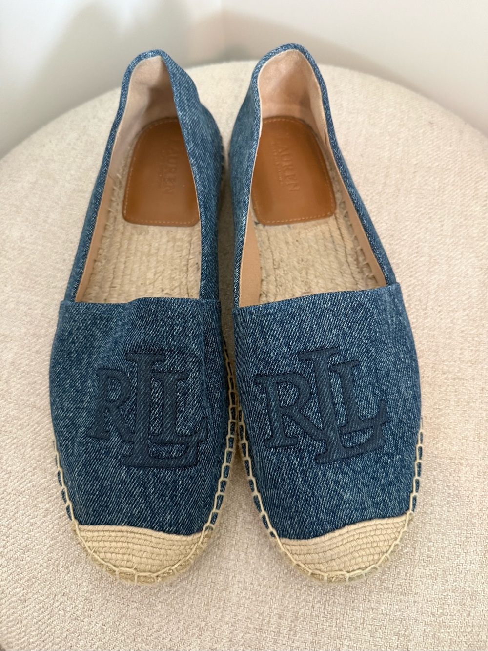 Ralph Lauren Cameryn II Oxford Blue Denim Espadrille Flats-Front Logo